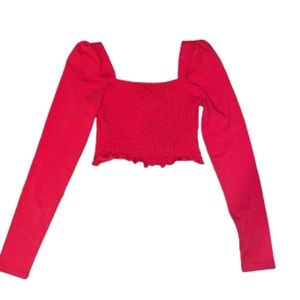 M Red Topshop Square Neckline Ruched Long Sleeve Crop Top Size 6